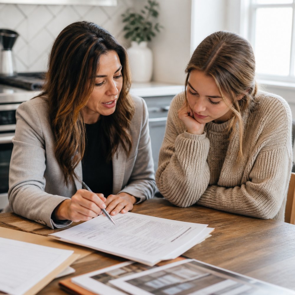 A real estate agent and a first-time homebuyer sitting at a kitchen table reviewing a home inspection report with a pen and notepad, natural light from a window, paperwork spread out