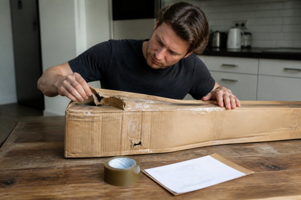 A musician carefully unboxing a guitar case on a kitchen table, examining the cardboard packaging for dents and tears, with packing tape and a delivery receipt nearby