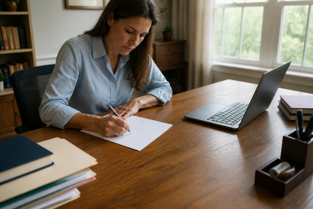 A person sitting at a wooden desk writing a formal letter by hand, with a laptop open, a stack of legal papers, and a pen in hand, in a home office with natural light