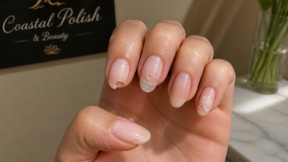 Close-up of a hand displaying various types of manicure damage including chipped polish on one nail, a partially broken gel nail, and peeling acrylic on another finger, shown in natural daylight to reveal texture and color variation