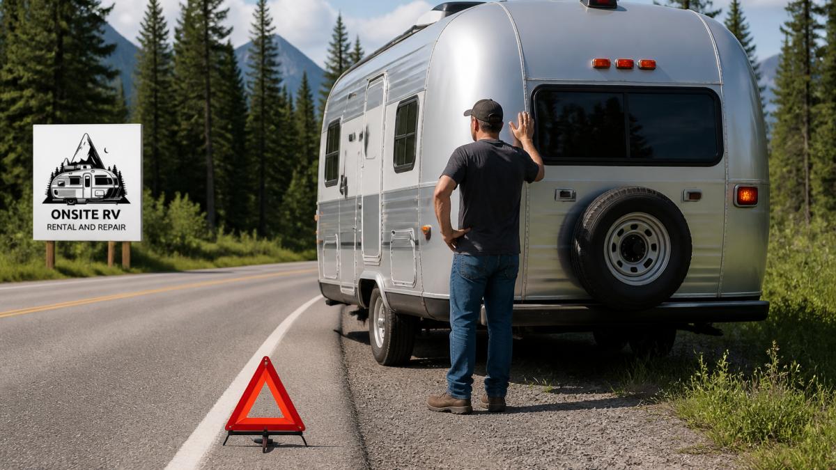 RV parked safely on road shoulder with hazard lights activated, driver standing outside examining vehicle in daylight