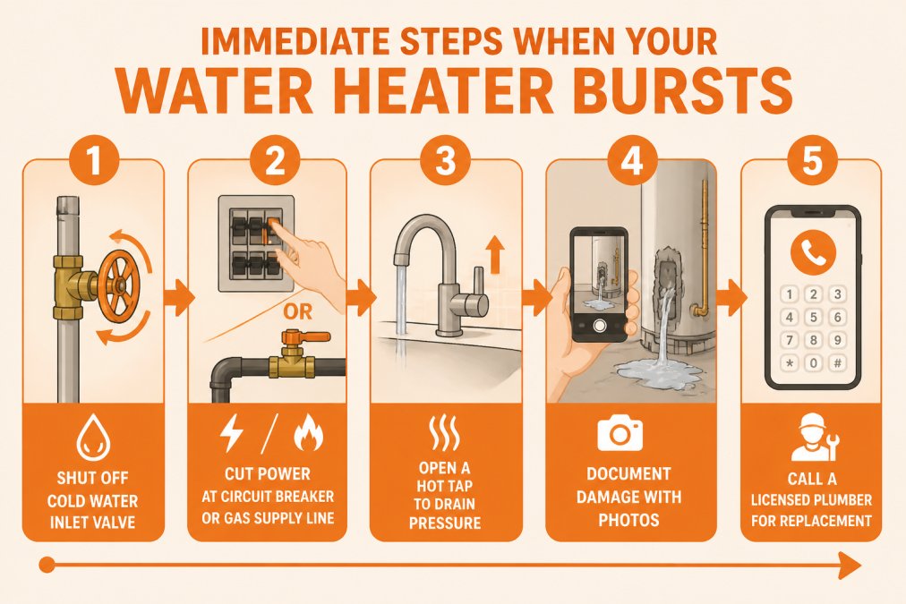 Flowchart of the emergency sequence: 1) Shut off cold water inlet valve, 2) Cut power at circuit breaker or gas supply line, 3) Open a hot tap to drain pressure, 4) Document damage with photos, 5) Call a licensed plumber for replacement