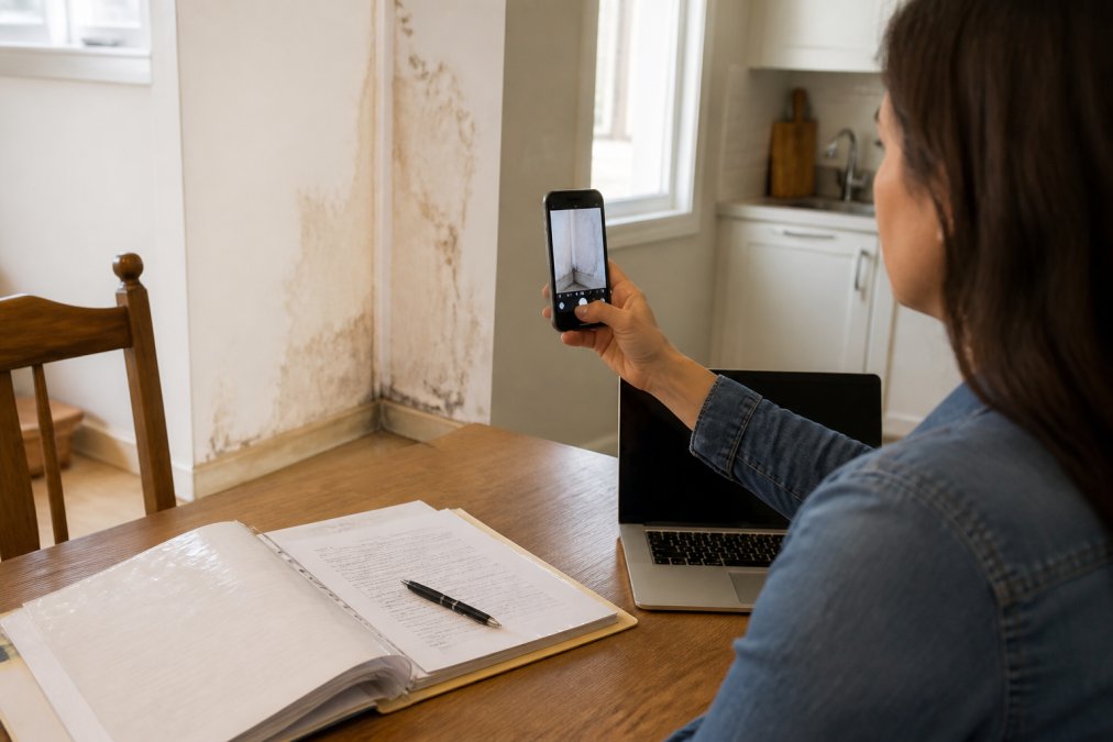 Infographic showing steps for filing insurance claim documentation including photographing water damage and organizing files.