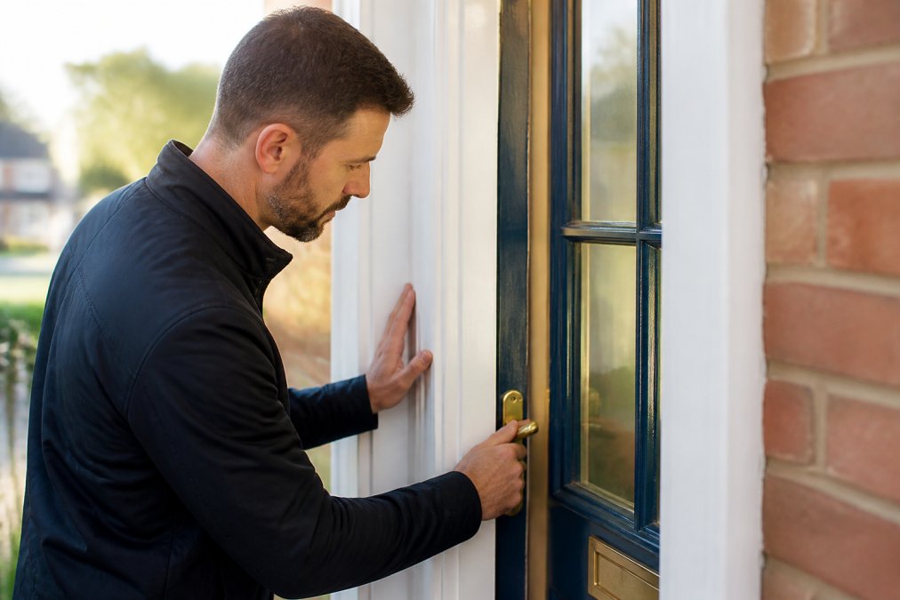Person standing at their front door checking the lock and door frame, looking calm and composed, with natural daylight streaming through the hallway