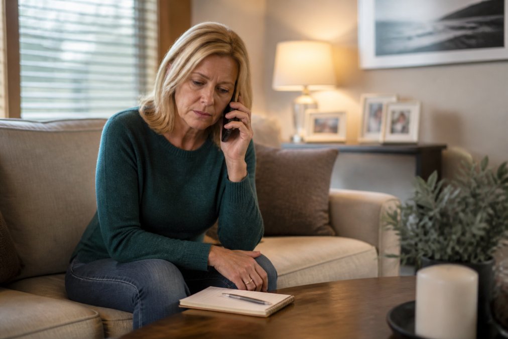 A calm, softly lit living room where a family member sits quietly holding a phone, with a notepad and pen on a nearby table