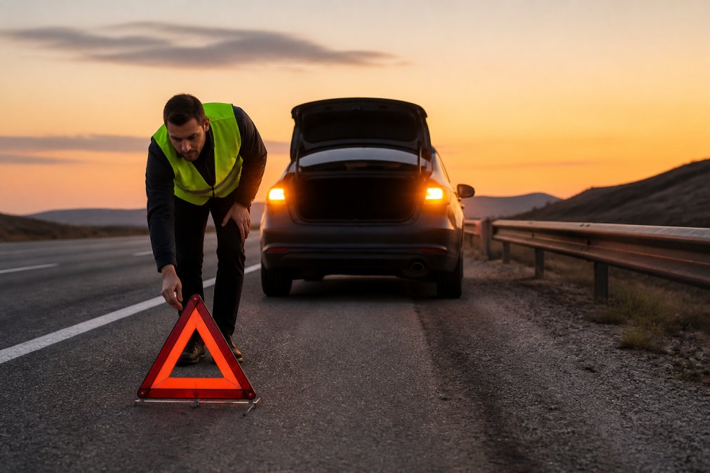 A driver standing safely behind a car pulled onto a highway shoulder, hazard lights flashing, placing a reflective triangle on the road at dusk