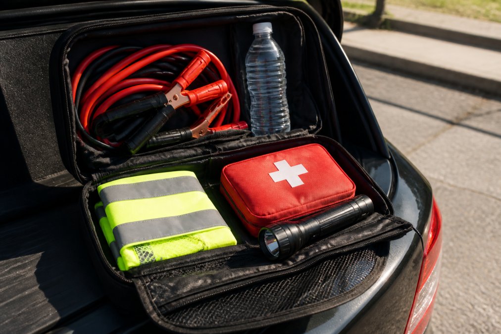 An open roadside emergency kit bag laid out on a car trunk, showing jumper cables, a flashlight, reflective vest, first aid kit, and water bottle arranged neatly in bright afternoon sunlight