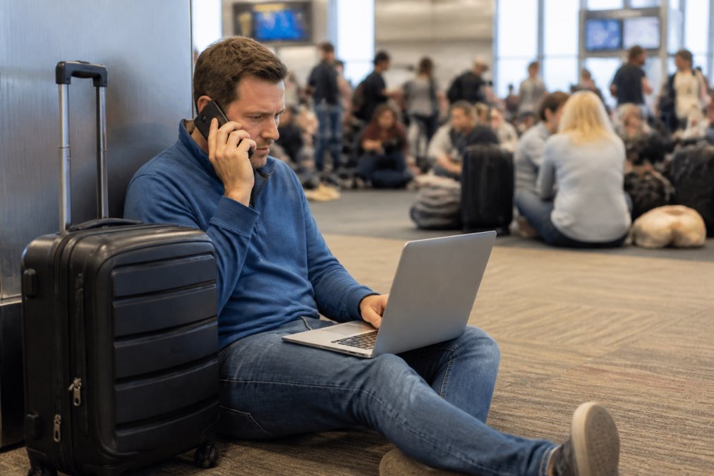 A traveler at an airport gate sitting on the floor with a phone pressed to one ear, laptop open on his lap showing a booking confirmation, carry-on bag beside him, other stranded passengers blurred in the background
