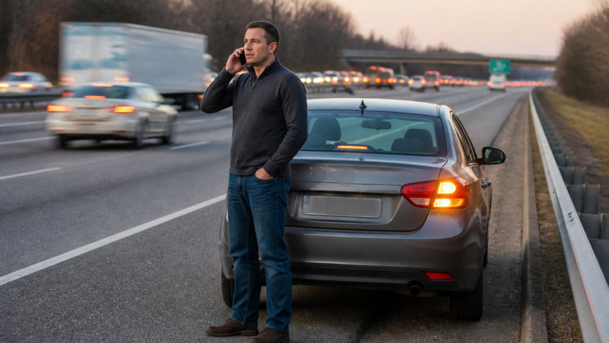 Driver calling for help while their car breaks down on a busy highway shoulder with hazard lights flashing.