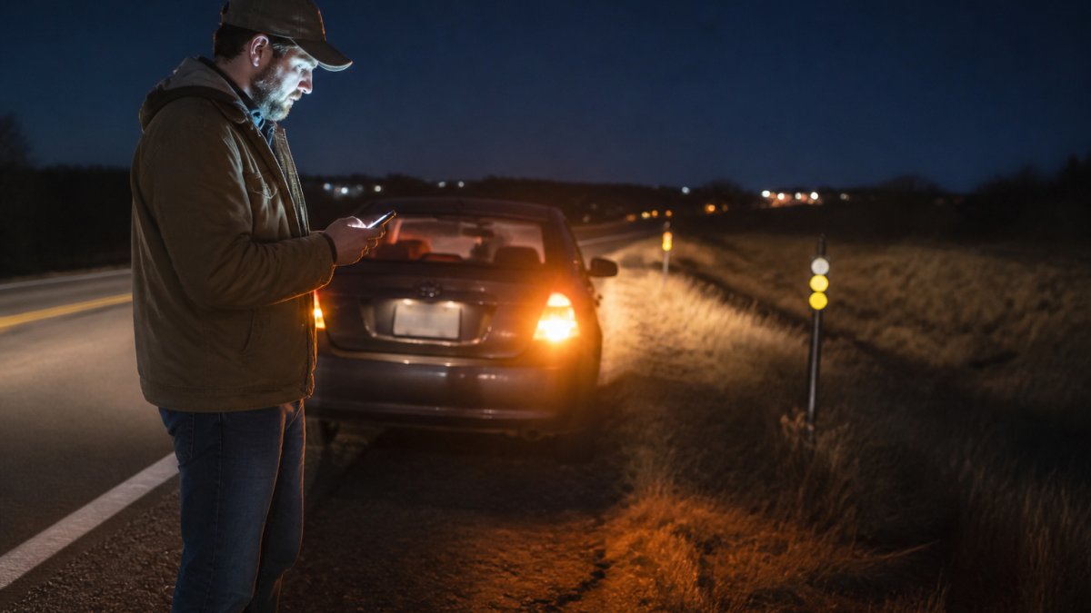 A driver standing beside a car with hazard lights flashing on a dark rural road at night, holding a phone with the screen glowing, reflective roadside markers visible in the background
