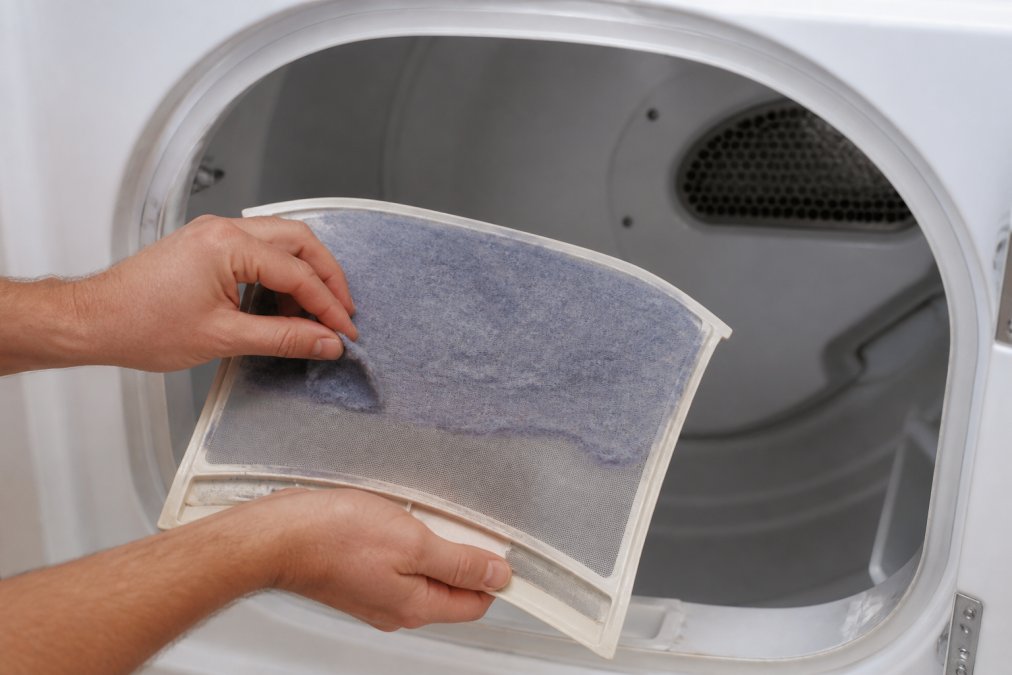 Close-up of a person's hands removing and cleaning the lint trap from inside a dryer, showing accumulated lint and the interior vent opening clearly visible