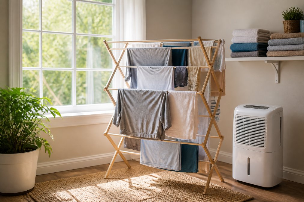 A bright laundry room with clothes hanging on a wooden drying rack near a large window with natural sunlight streaming in, a portable dehumidifier running in the corner, and folded clothes stacked on a nearby shelf