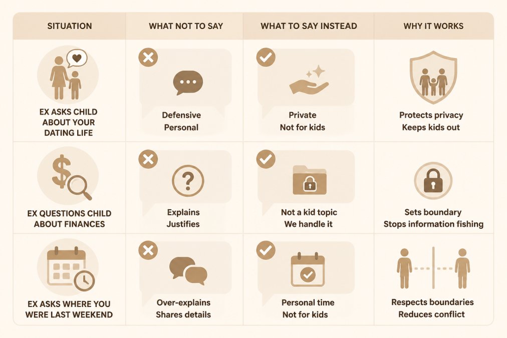 Comparison matrix showing situation, what NOT to say, what TO say instead, and why it works for common high-conflict scenarios like 'Ex asks child about your dating life', 'Ex questions child about finances', 'Ex asks where you were last weekend'
