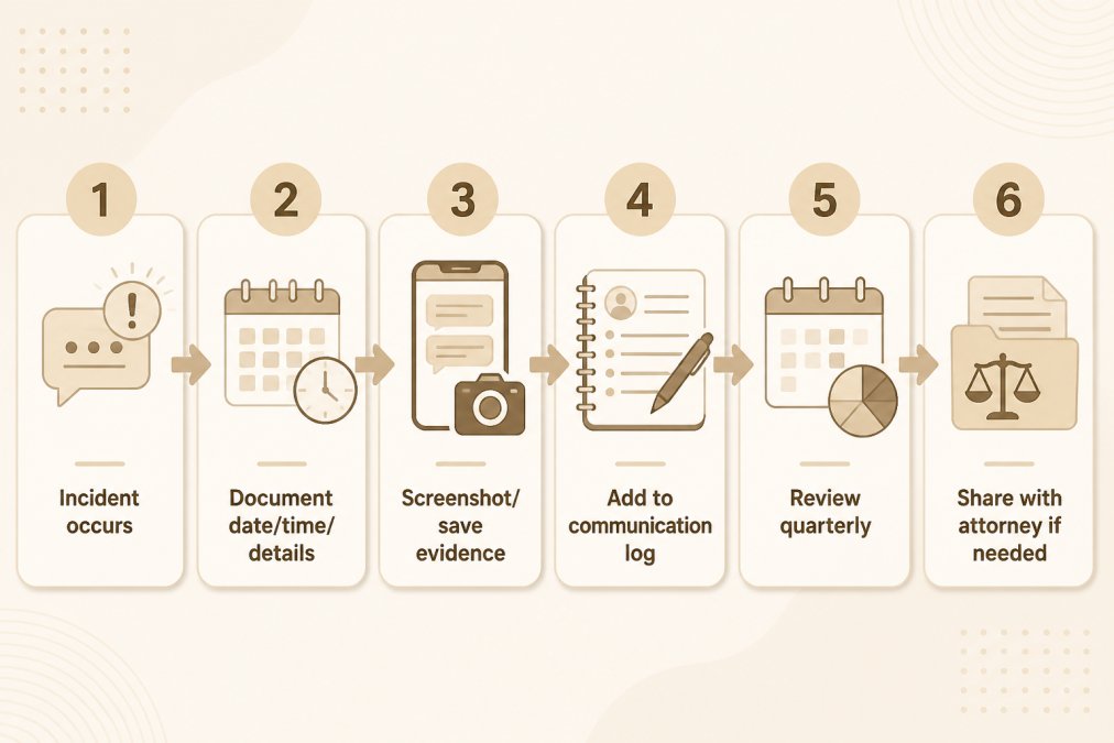 Step-by-step flowchart showing: Incident occurs → Document date/time/details → Screenshot/save evidence → Add to communication log → Review quarterly → Share with attorney if needed