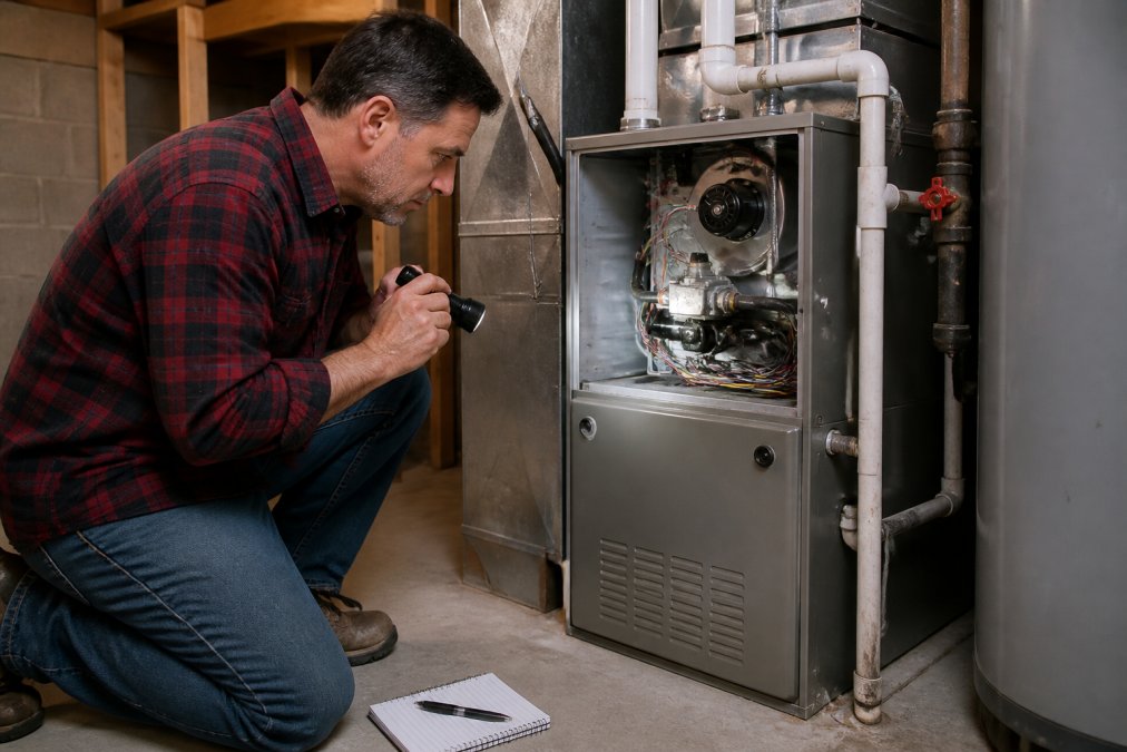 A homeowner in a flannel shirt kneeling beside a residential gas furnace in a dim basement, holding a flashlight and reading the control panel while a notepad rests on the floor nearby