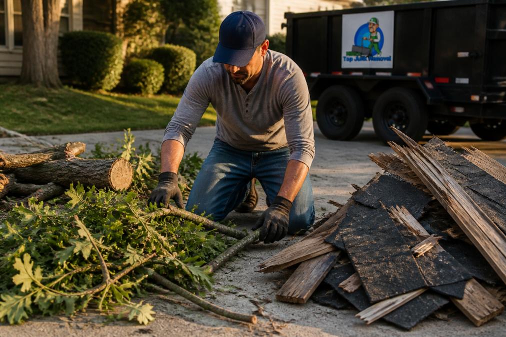 Homeowner sorting tree branches from structural debris to manage yard waste after storm damage.