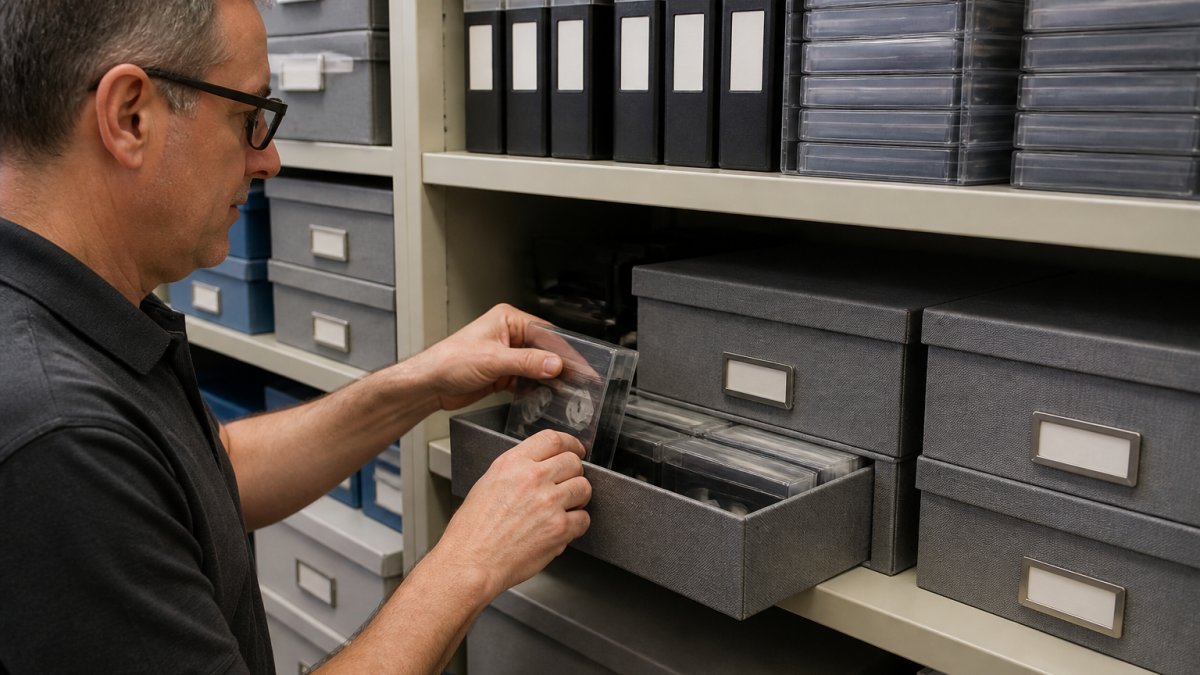 Professional demonstrating proper organisation of Hi8 camcorder tapes in archival storage boxes with clear labelling and protective cases on a climate-controlled shelf