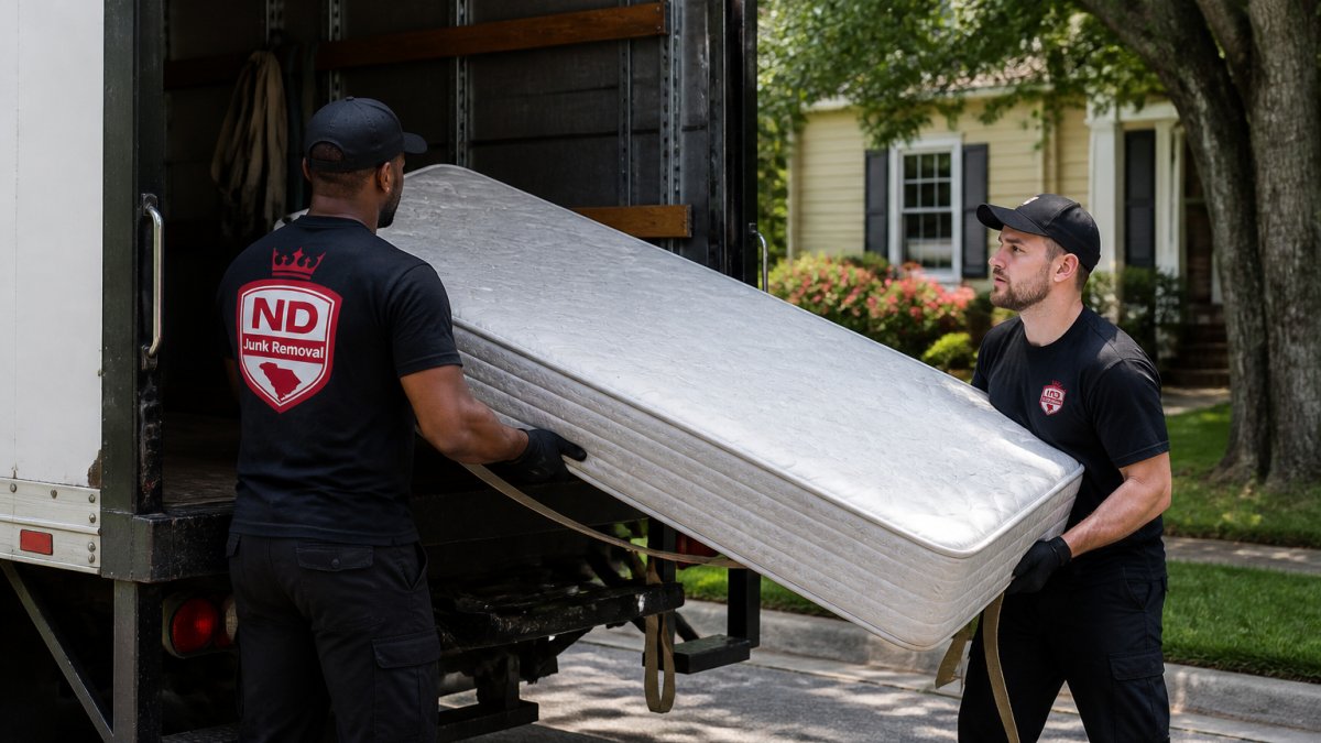 Professional junk removal team carefully loading a mattress onto a truck bed with proper equipment and protective straps, showing responsible handling in daylight