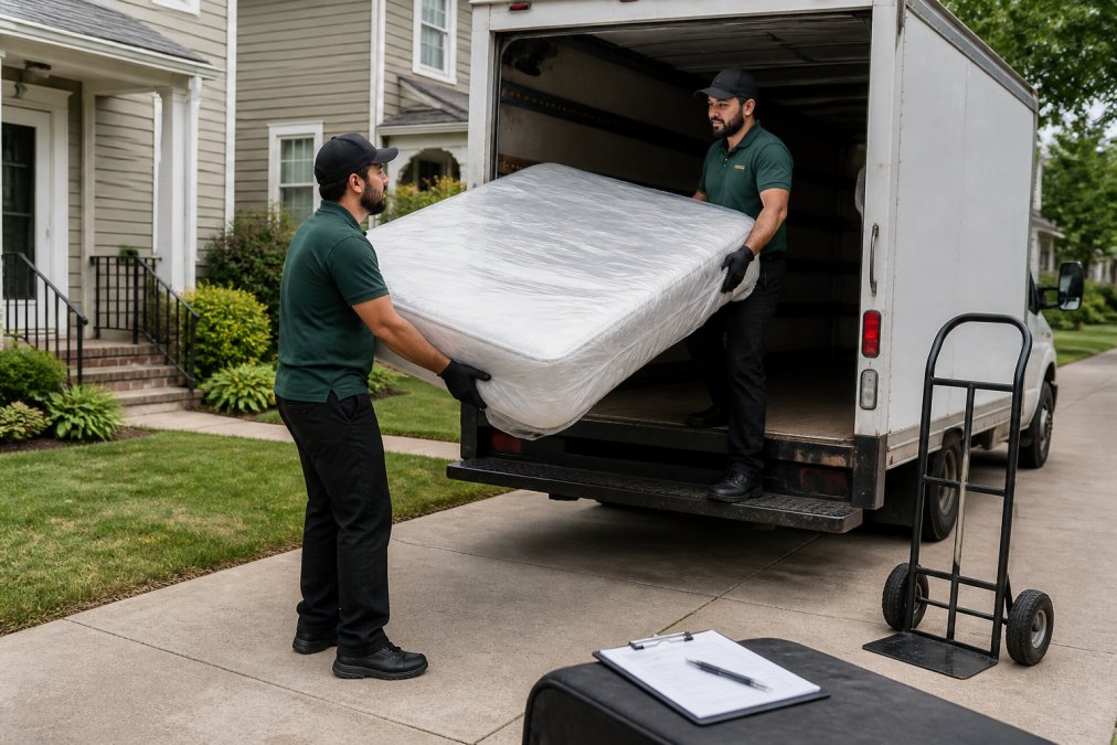 Two workers loading wrapped old mattresses into a junk removal truck