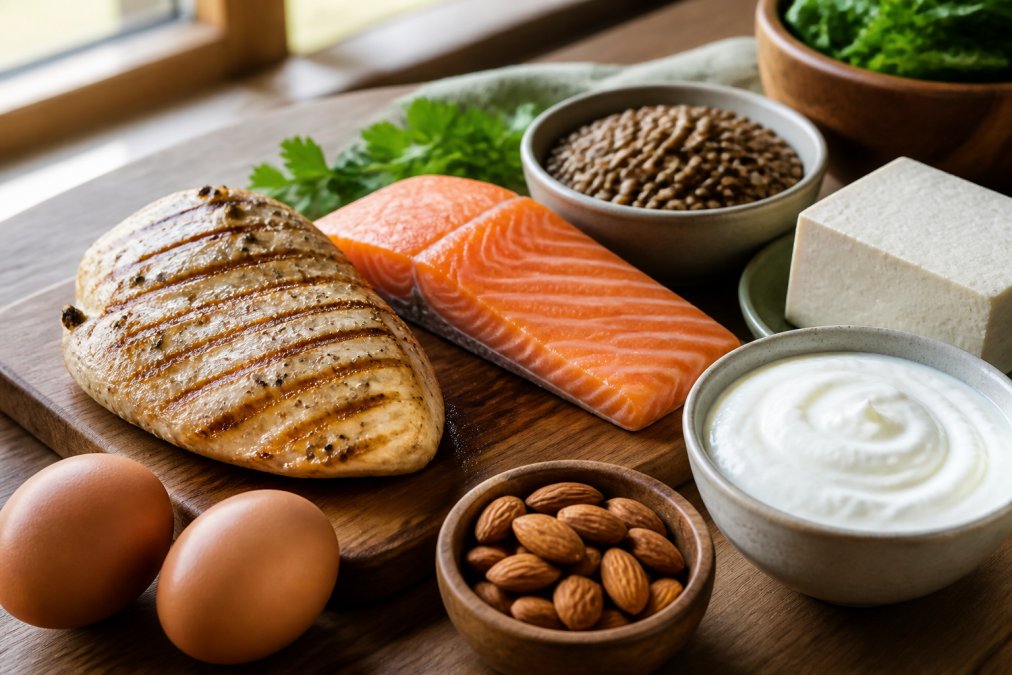 Grilled chicken, salmon, eggs, and plant proteins on a kitchen counter, showing what to eat for muscle growth and recovery.