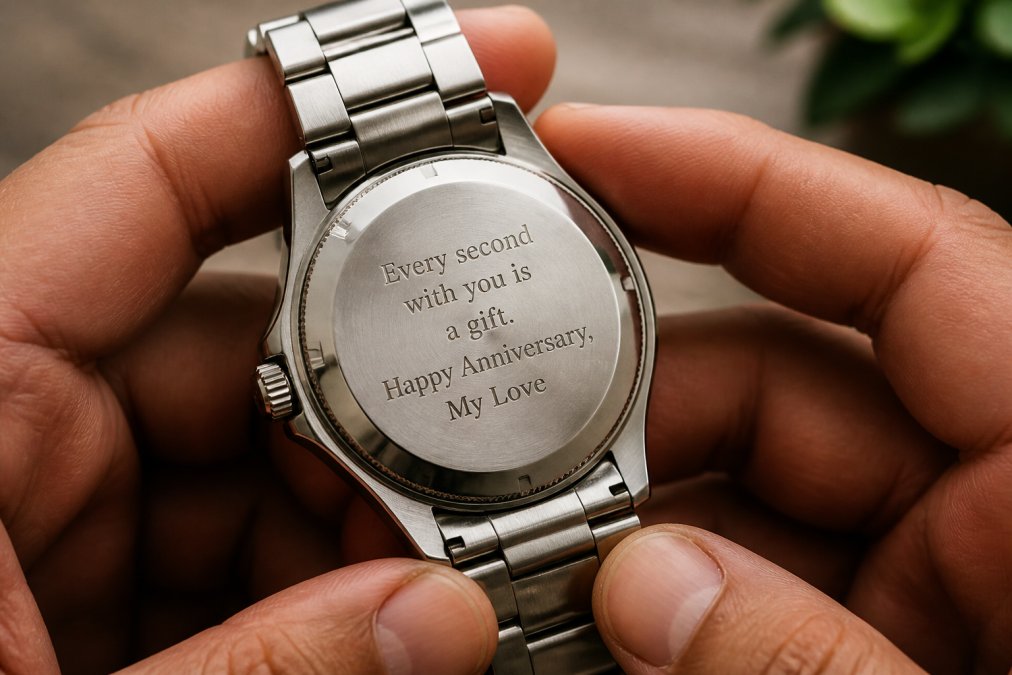 Close-up of a stainless steel watch case back showing a clean engraved message, held in a person's hands under warm natural light