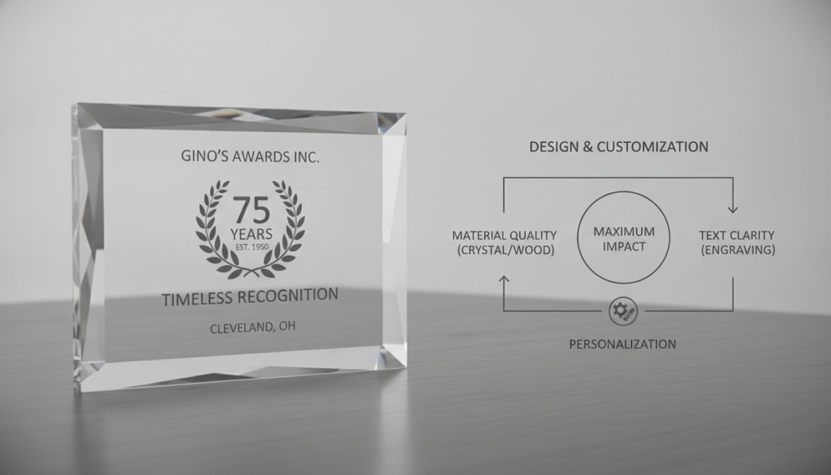 Close-up of an elegant engraved crystal retirement plaque displayed on a polished wooden desk with soft professional lighting, showing crisp text clarity and the plaque's reflective surface