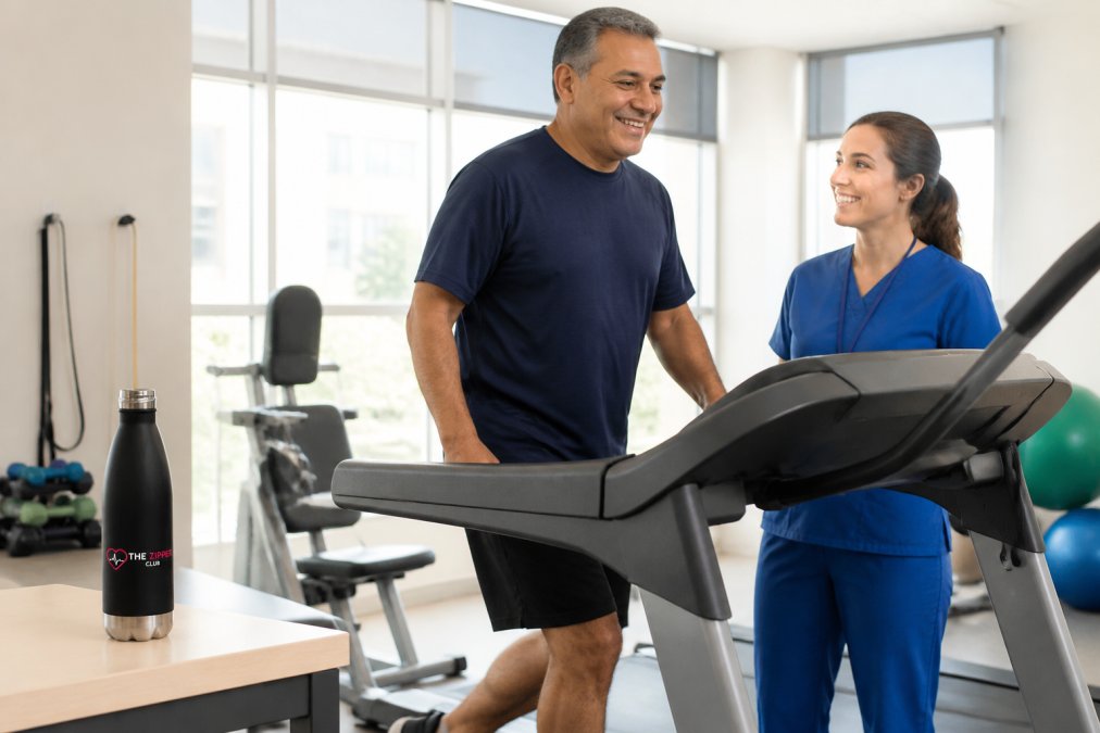 Professional illustration showing middle-aged and adult and walking concepts for 3 months post-op