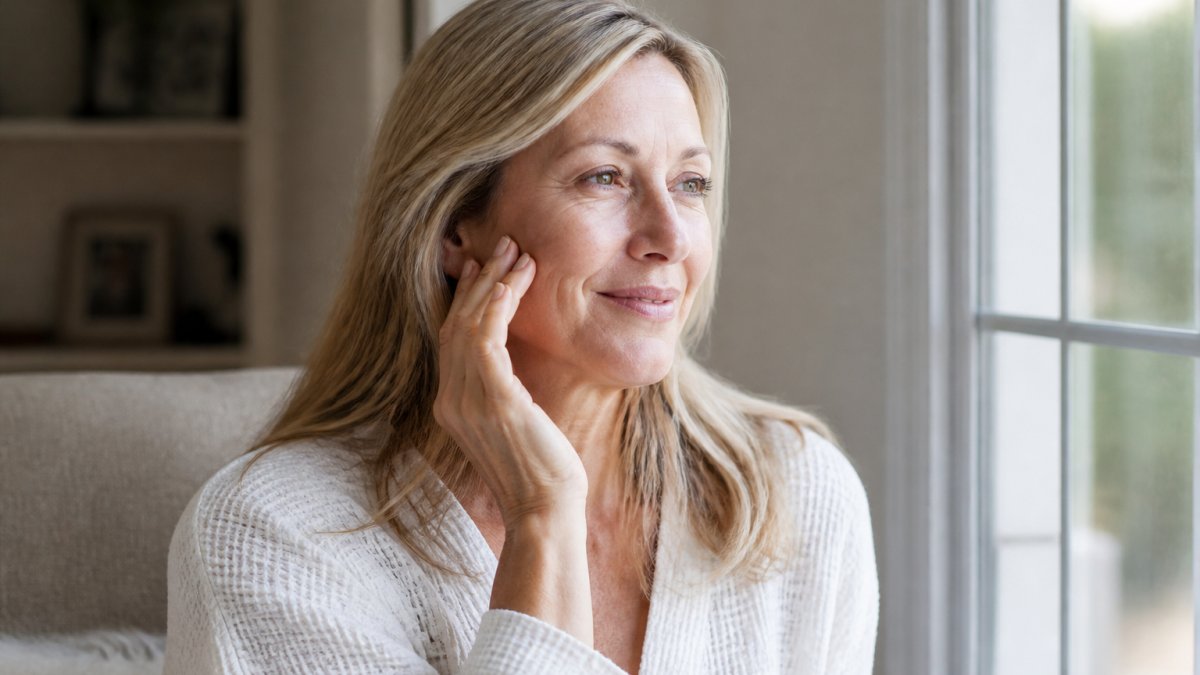 Woman gently touching her face in soft light during PDO thread lift recovery
