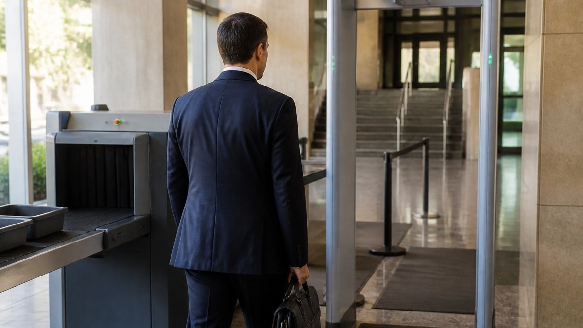 Professional in business attire entering a courthouse building through security checkpoint with calm, composed demeanor, showing proper courtroom preparation