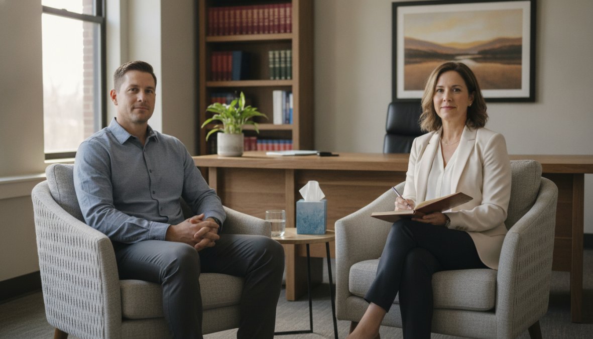 Licensed counselor conducting a clinical interview with a client in a calm, confidential office setting with neutral tones, comfortable seating, and professional demeanor