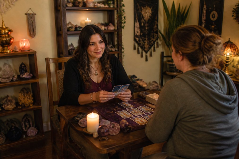 A calm, softly lit room with two people seated across from each other at a small table, one holding tarot cards, crystals and a candle nearby, warm inviting atmosphere