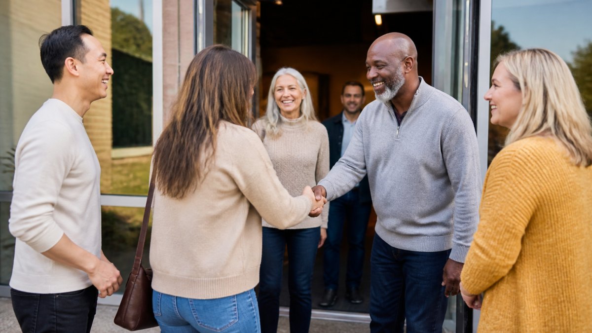 A diverse group of people warmly greeting and welcoming a first-time visitor at the church entrance, with genuine smiles, open body language, and handshakes in natural morning light