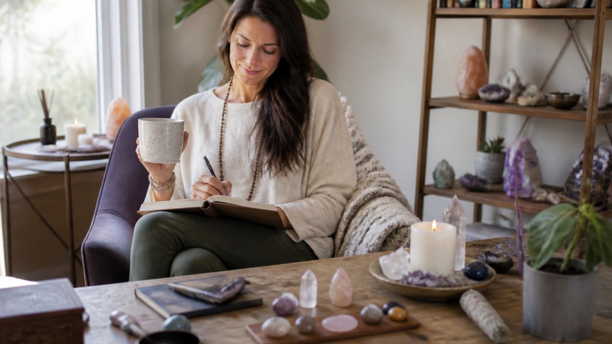 Person sitting peacefully in comfortable chair holding journal and cup of tea with soft natural lighting and calm surroundings suggesting meditation and intention-setting