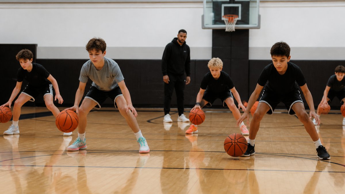Young basketball players executing dribbling drills on a hardwood court during an organized team practice, with a coach observing in the background and providing instruction