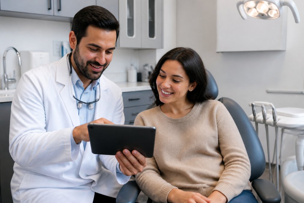 A friendly dentist in a modern, well-lit dental operatory reviewing a dental chart on a tablet with a relaxed adult patient seated in the dental chair, warm overhead lighting creating a calm atmosphere