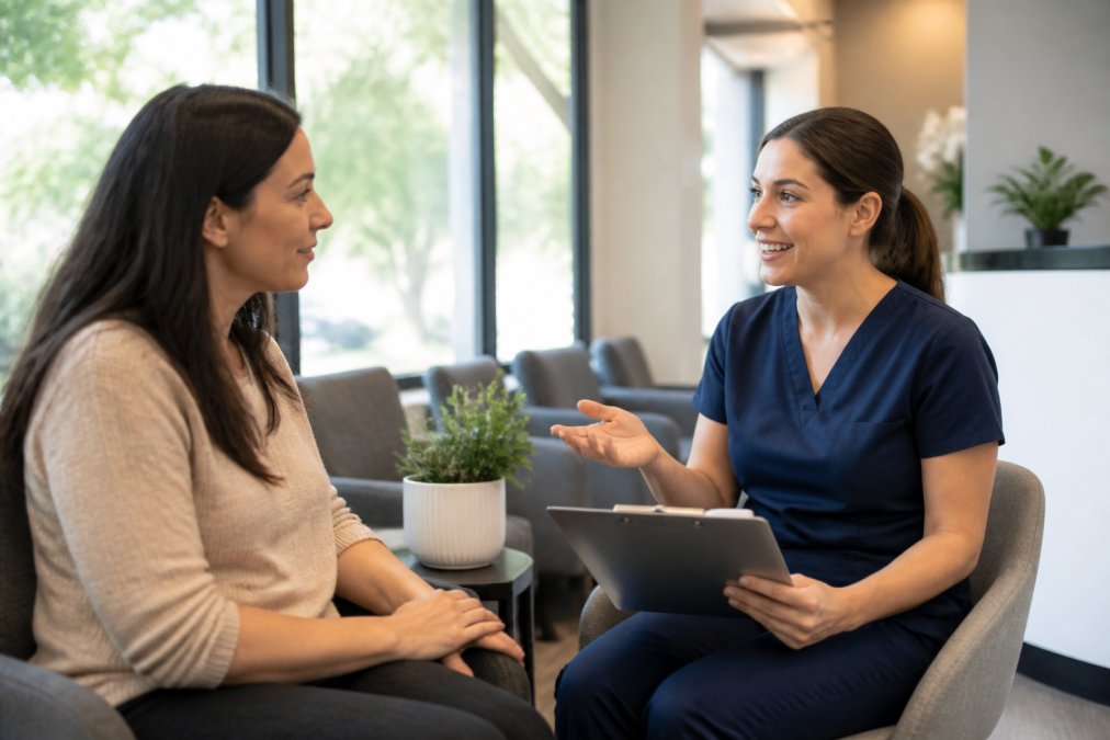 A calm dental hygienist smiling and speaking reassuringly to an anxious patient in a bright, welcoming dental clinic waiting area, soft natural light coming through large windows, both seated at eye level