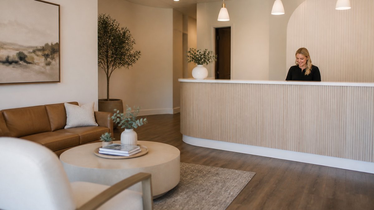Warm, welcoming dental office waiting area with a friendly receptionist to help you know what to expect at dentist.