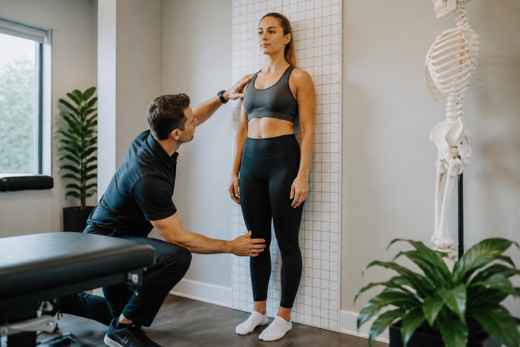 Chiropractor performing postural assessment on patient standing against posture grid, patient wearing comfortable athletic wear, modern clinical setting with natural lighting