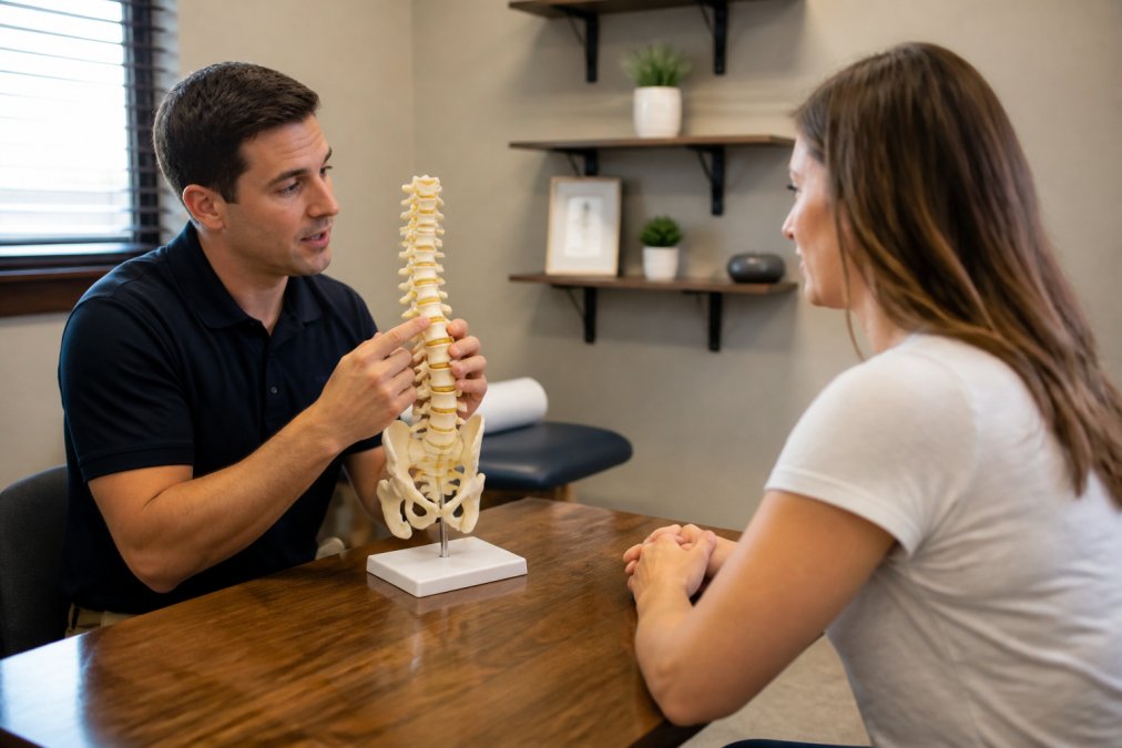 Chiropractor discussing treatment plan with patient, pointing to anatomical spine model on desk, both seated in consultation room with warm lighting