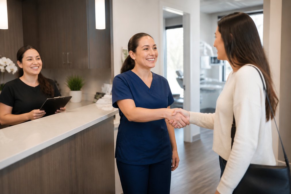 A friendly dental hygienist in scrubs greeting a relaxed adult patient in a bright, modern dental office reception area, with a clipboard and smiling staff member nearby