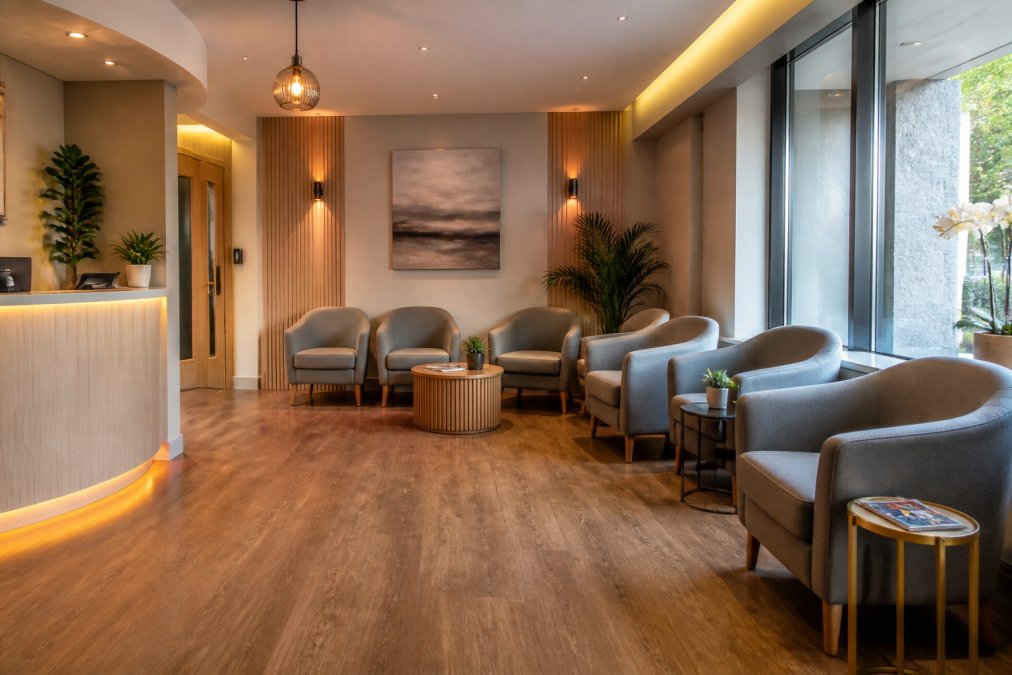 Calm, welcoming dental reception area with comfortable seating, soft lighting, and reassuring atmosphere designed to help nervous patients feel at ease
