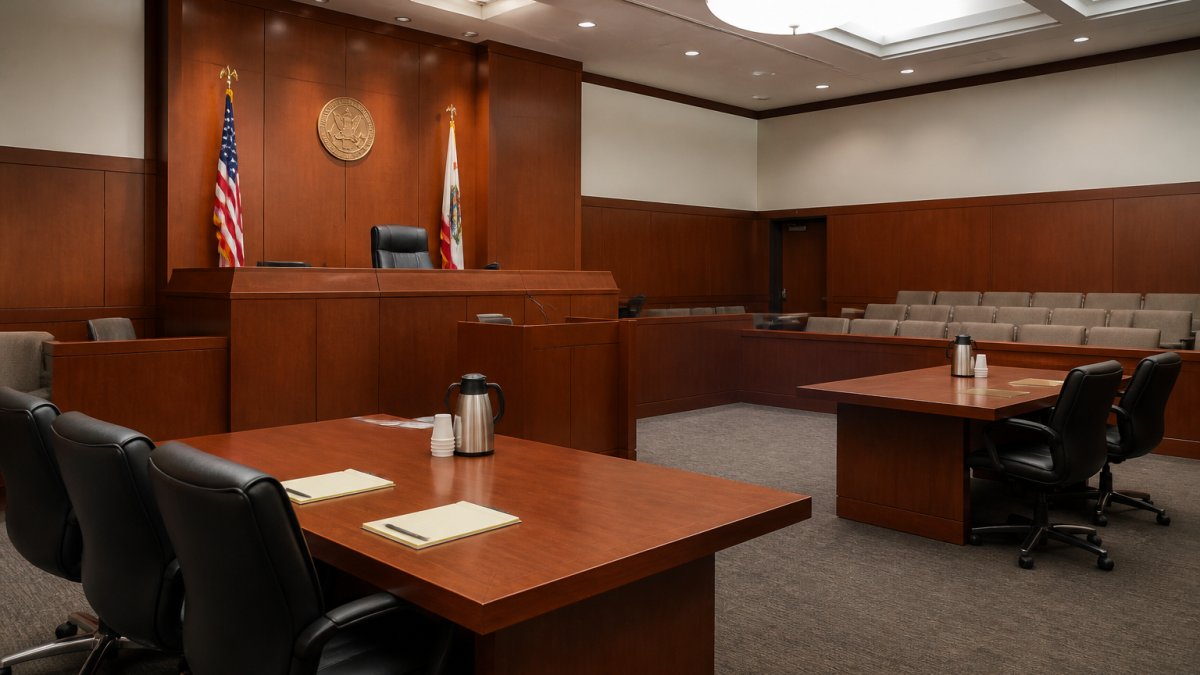 Interior of a modern courtroom with polished wood judge's bench elevated above the floor, defendant's table in the foreground, prosecutor's table to the side, and gallery seating in the background with formal lighting