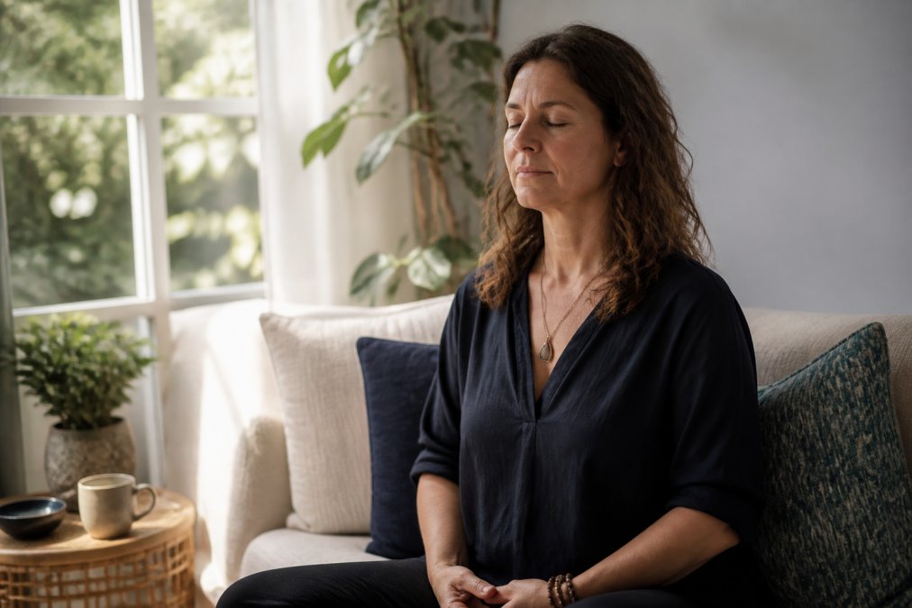 What to Expect Before, During & After a Psychic Reading 1 A woman sitting peacefully in a comfortable space, eyes closed, hands resting on her lap in a grounded meditation pose, natural light from a window nearby