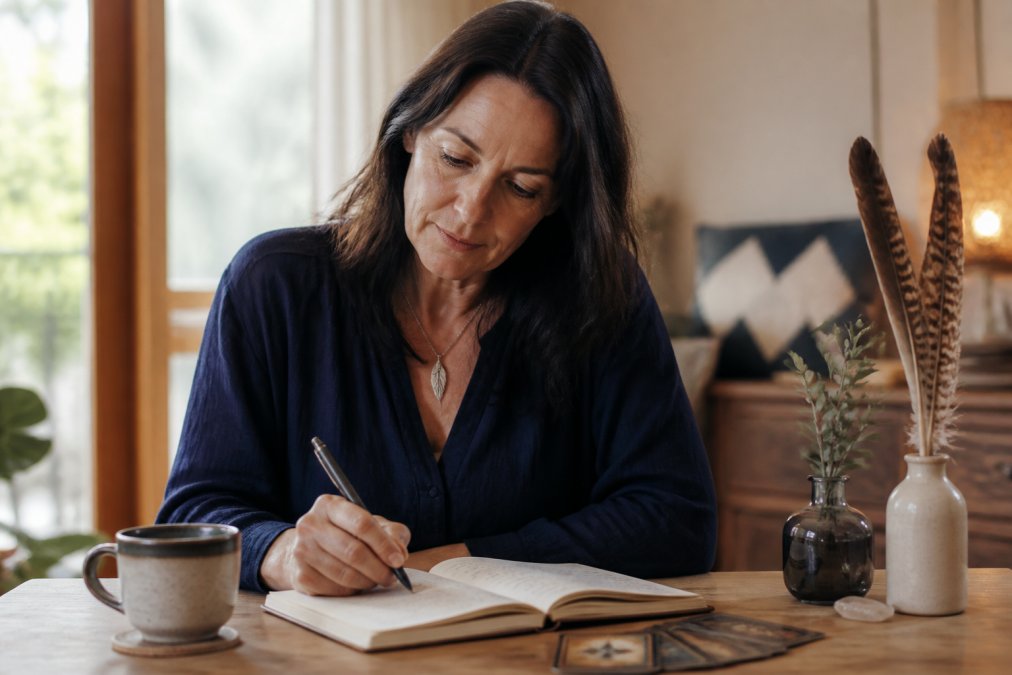 What to Expect Before, During & After a Psychic Reading 2 A person journalling in a quiet space with a warm cup of tea nearby, pen in hand, reflecting thoughtfully on notes from a reading