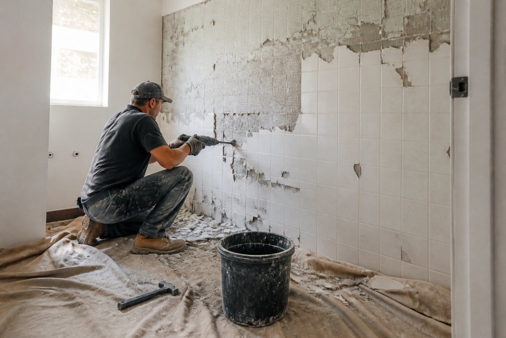 A tradesperson in work gear carefully removing old ceramic tiles from a bathroom wall during demolition, with heavy-duty dust sheets protecting the subfloor below and morning light coming through a small window