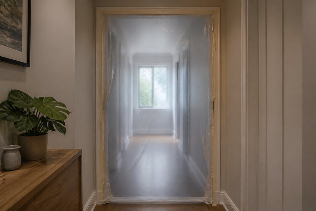 A doorway sealed with a thick plastic dust containment sheet taped tightly to the frame, protecting a clean hallway behind it from renovation dust, with a strip of masking tape visible along the edges and natural light coming from a window at the end of the hall