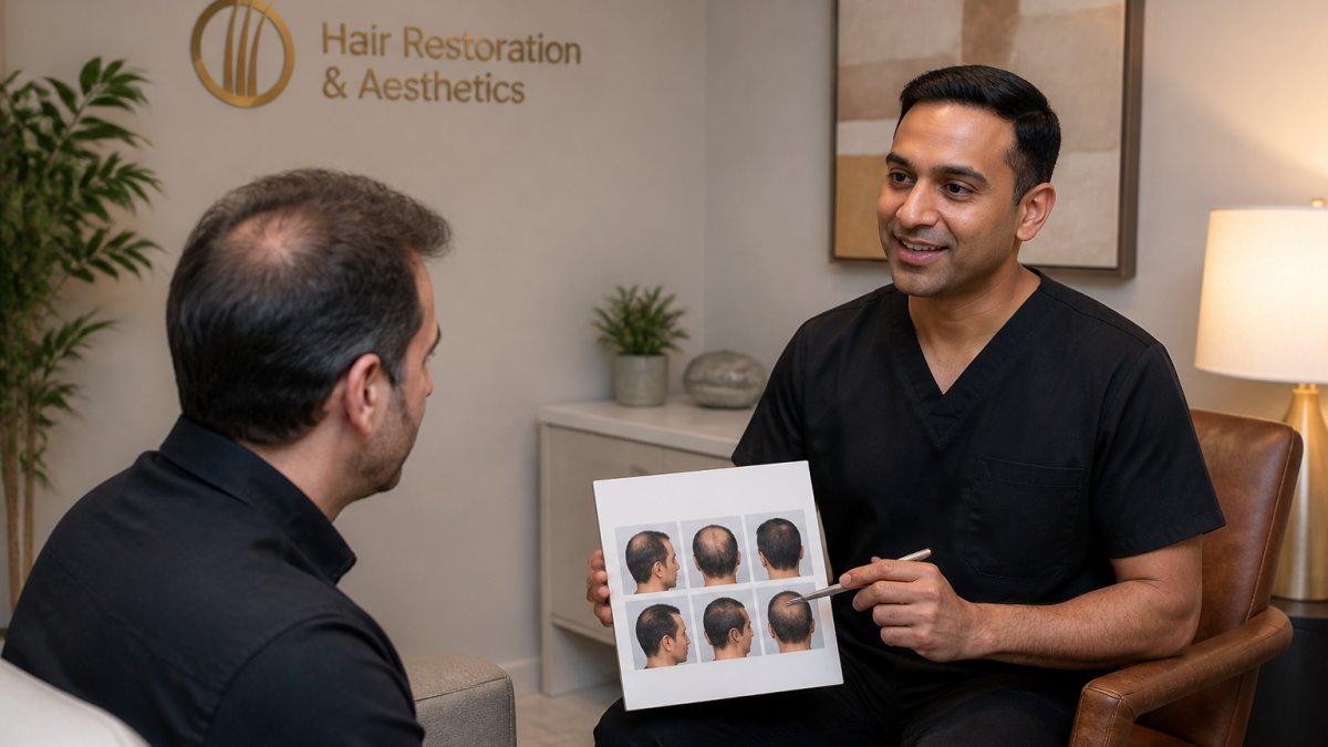 Professional medical consultation room with comfortable seating, warm lighting, and a board-certified physician discussing treatment options with a patient in a reassuring clinical setting