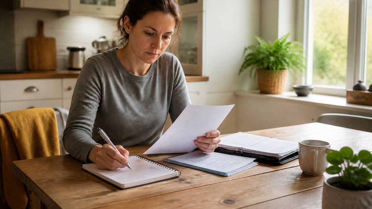 A person sitting at a kitchen table with a notepad, reviewing documents and preparing for a legal meeting, looking focused and calm
