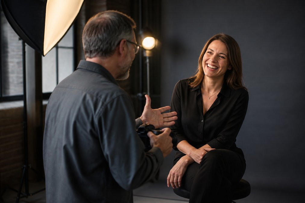 Professional photographer working with a client in a bright, modern studio setting, both appearing relaxed and engaged during a portrait session with natural window lighting