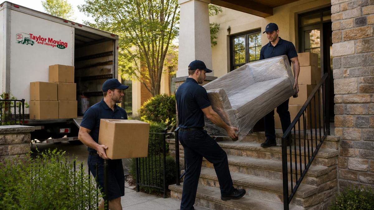 A professional moving crew in matching uniforms carrying labeled boxes and a wrapped sofa down the front steps of a Boulder home, with a moving truck parked in the driveway